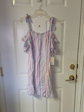 Candie's Pastel Pink, Blue & White Striped Cold-Shoulder Dress